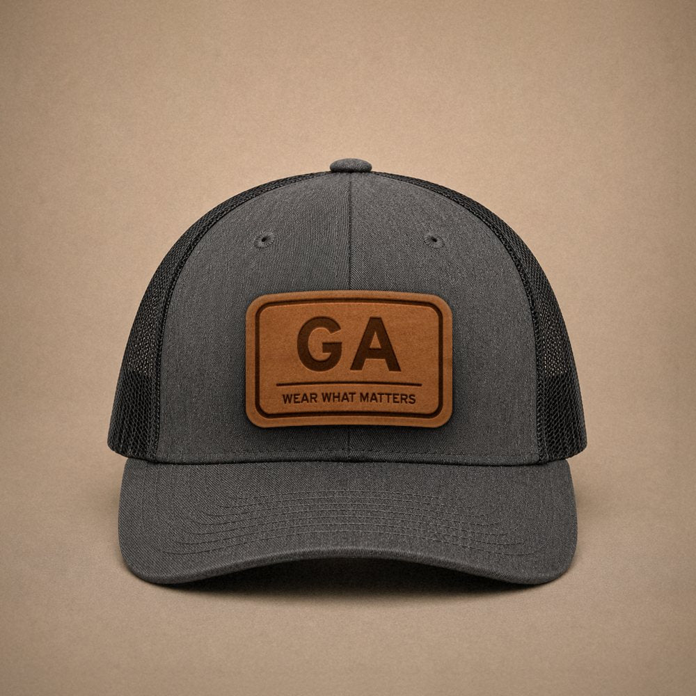 Dark Heather Grey Georgia hats — Georgia GA Leather Patch Trucker Hat