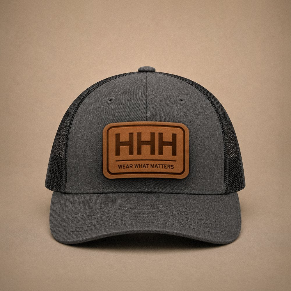 Dark Heather Grey Hilton Head hats — Hilton Head HHH Leather Patch Trucker Hat