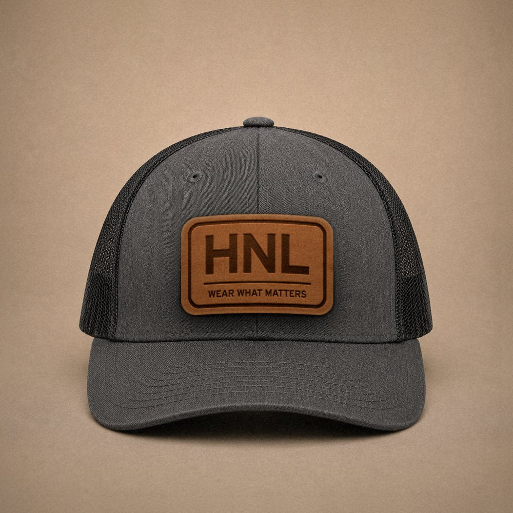 Dark Heather Grey Honolulu hats — Honolulu HNL Leather Patch Trucker Hat
