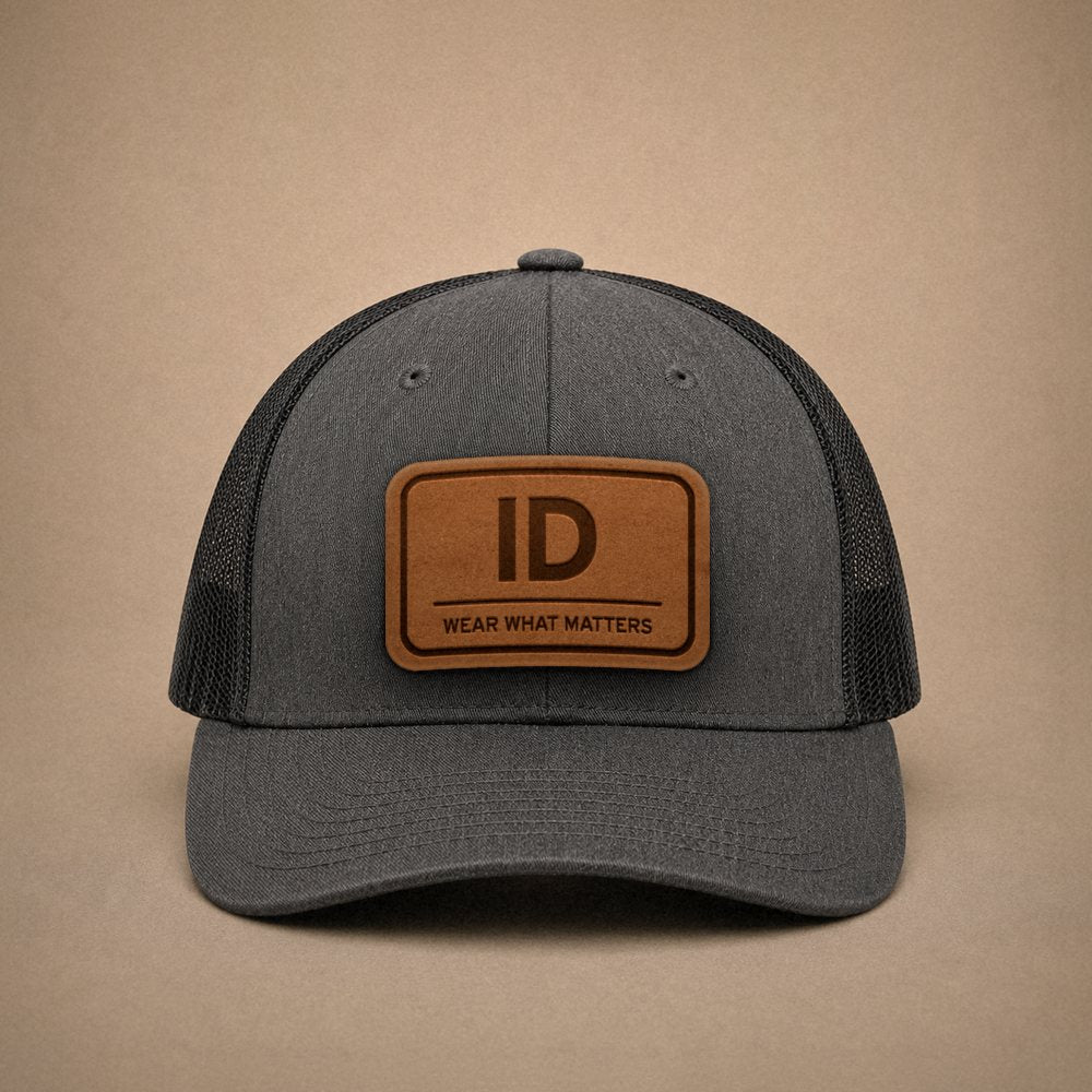 Dark Heather Grey Idaho hats — Idaho ID Leather Patch Trucker Hat