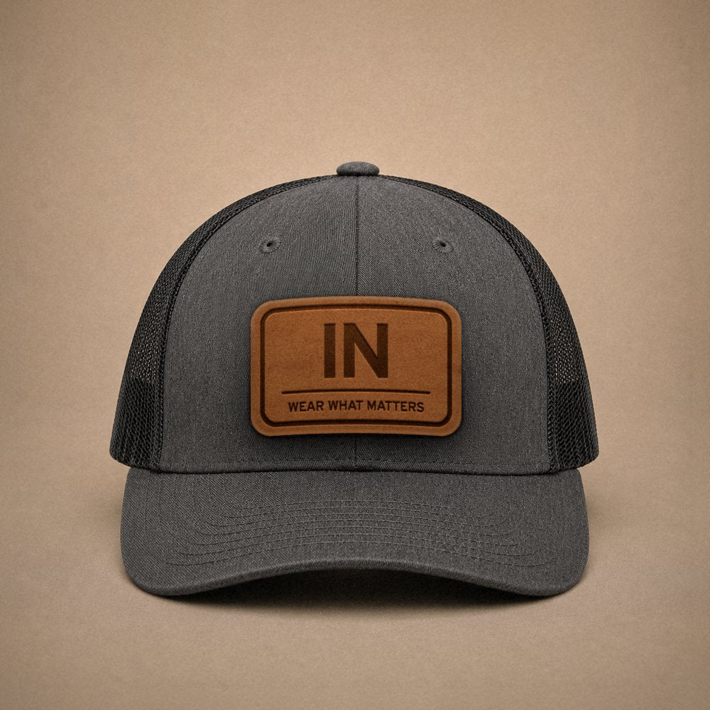Dark Heather Grey Indiana hats — Indiana IN Leather Patch Trucker Hat