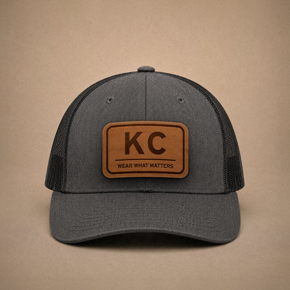 Dark Heather Grey Kansas City hats — Kansas City KC Leather Patch Trucker Hat