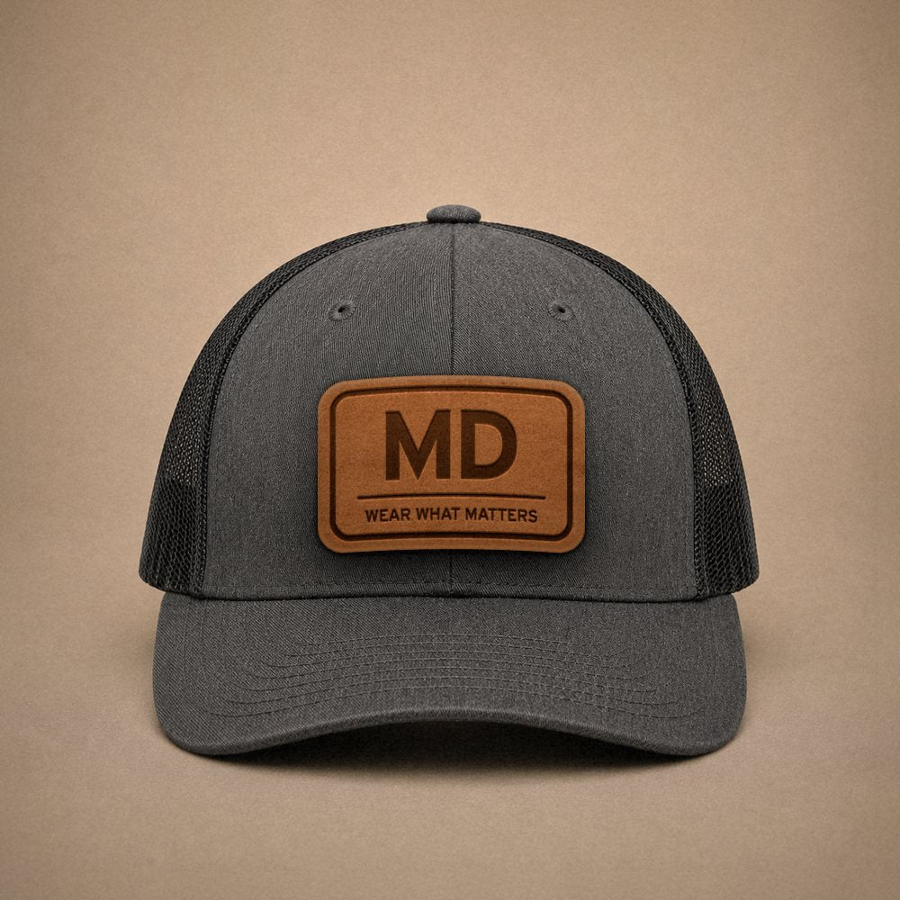 Dark Heather Grey Maryland hats — Maryland MD Leather Patch Trucker Hat