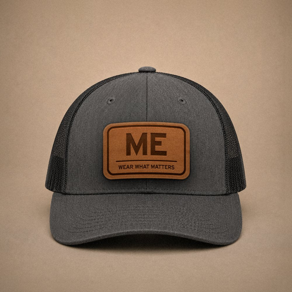 Dark Heather Grey Maine hats — Maine ME Leather Patch Trucker Hat
