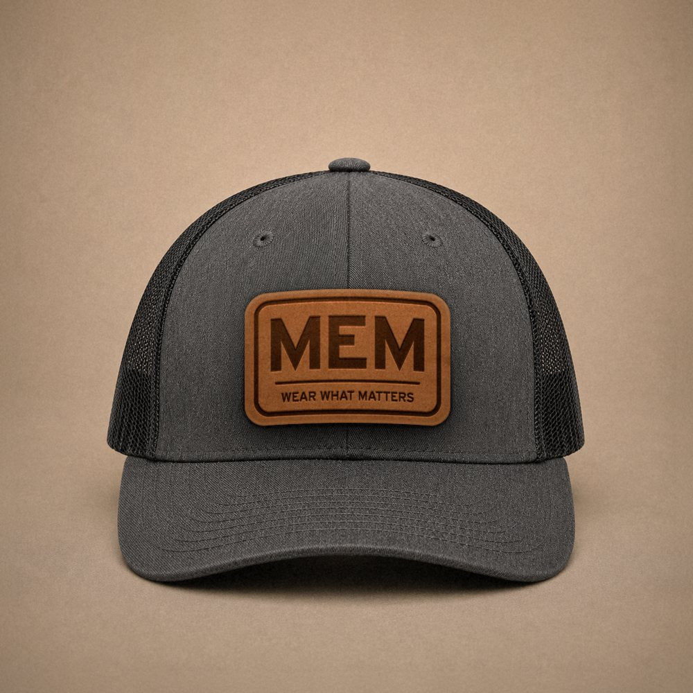 Dark Heather Grey Memphis hats — Memphis MEM Leather Patch Trucker Hat