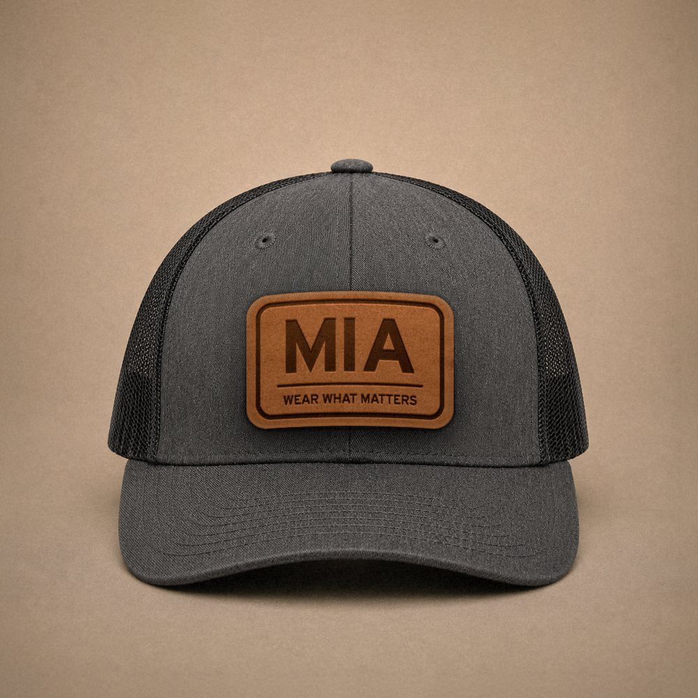 Dark Heather Grey Miami hats — Miami MIA Leather Patch Trucker Hat