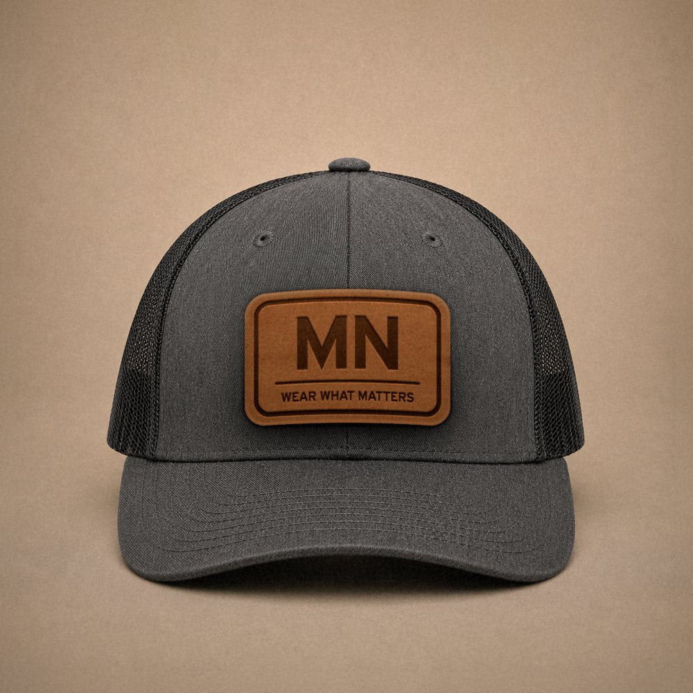 Dark Heather Grey Minnesota hats — Minnesota MN Leather Patch Trucker Hat