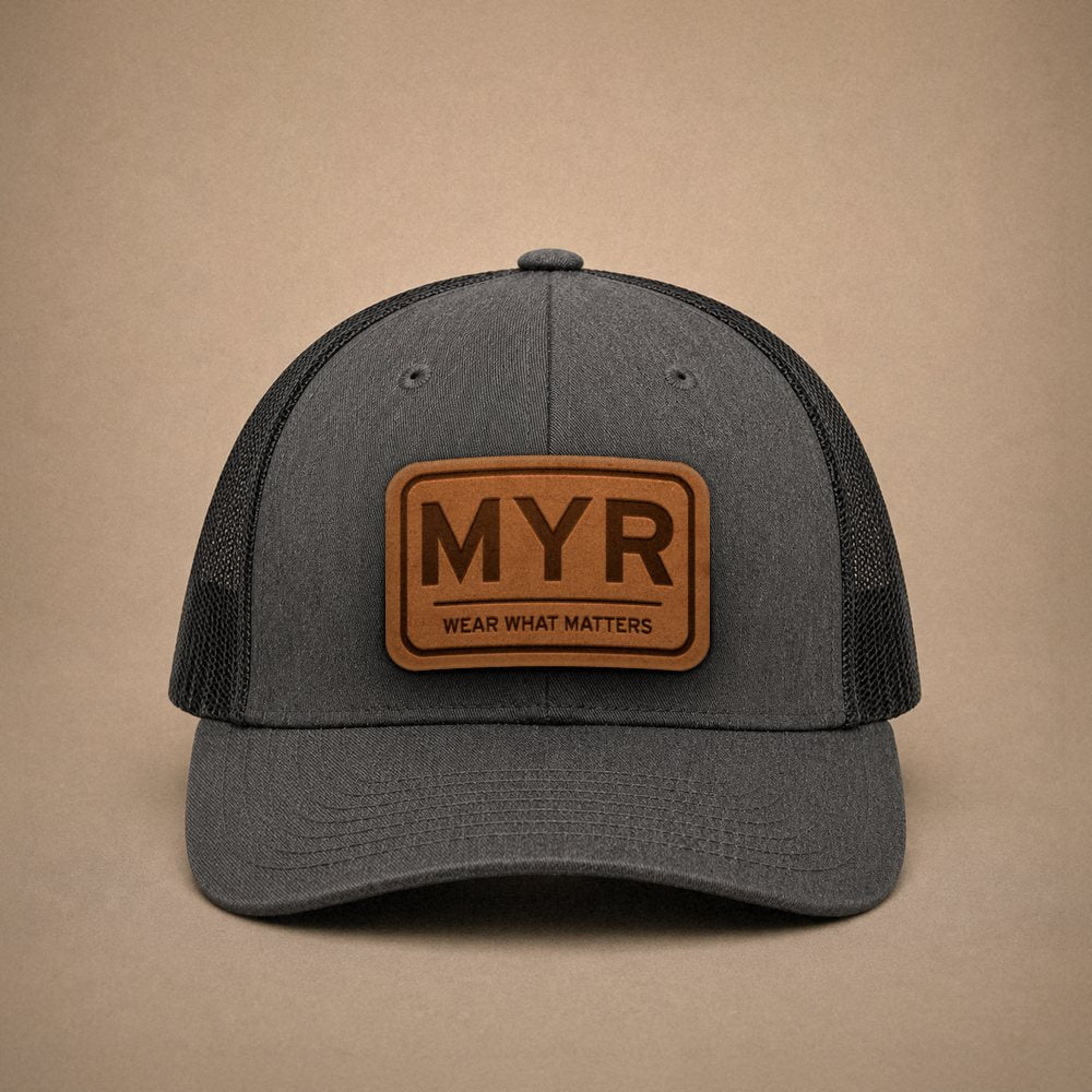 Dark Heather Grey Myrtle Beach hats — Myrtle Beach MYR Leather Patch Trucker Hat