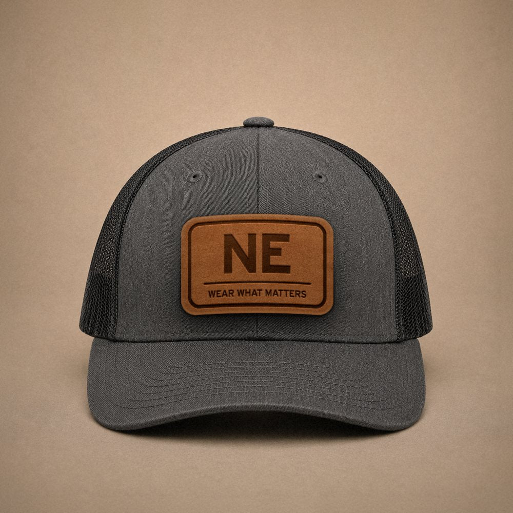 Dark Heather Grey Nebraska hats — Nebraska NE Leather Patch Trucker Hat