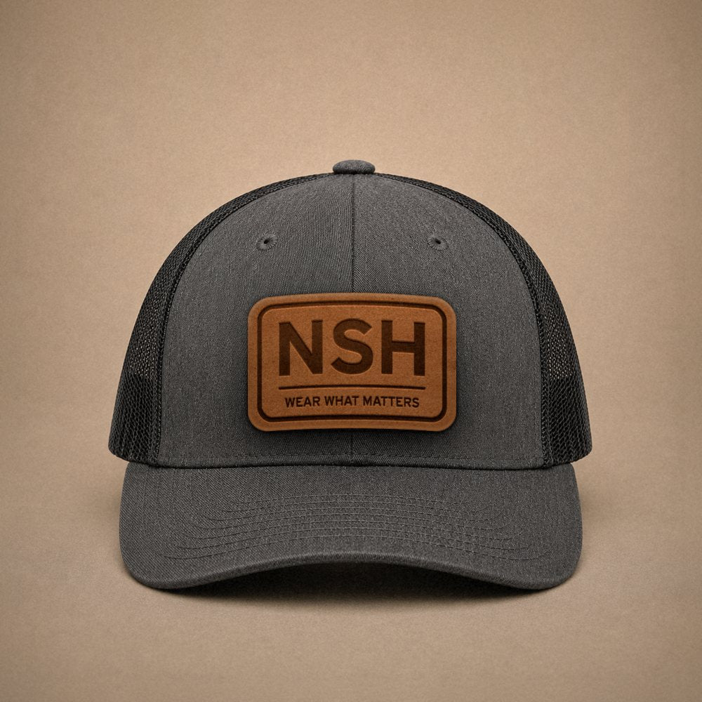 Dark Heather Grey Nashville hats — Nashville NSH Leather Patch Trucker Hat