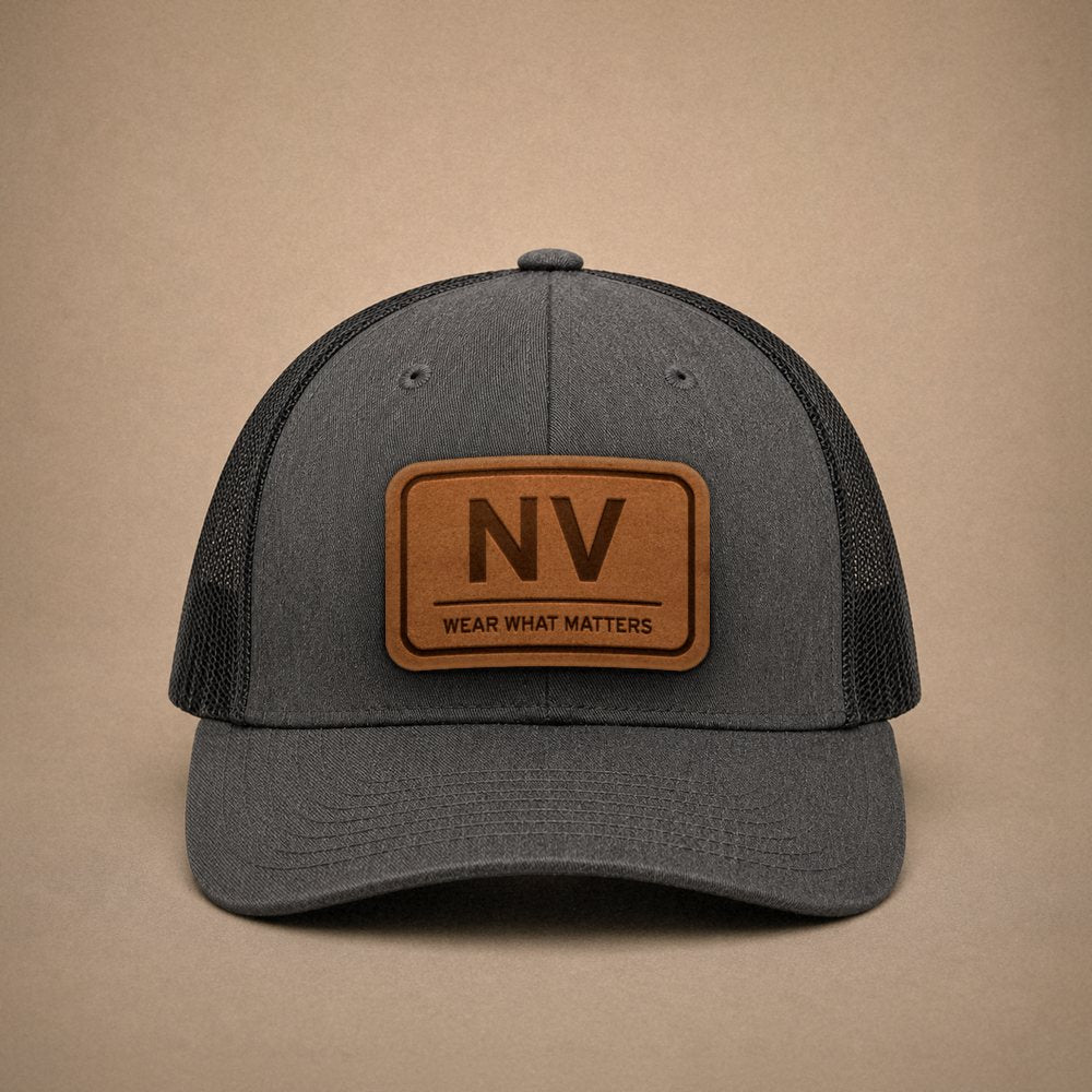 Dark Heather Grey Nevada hats — Nevada NV Leather Patch Trucker Hat