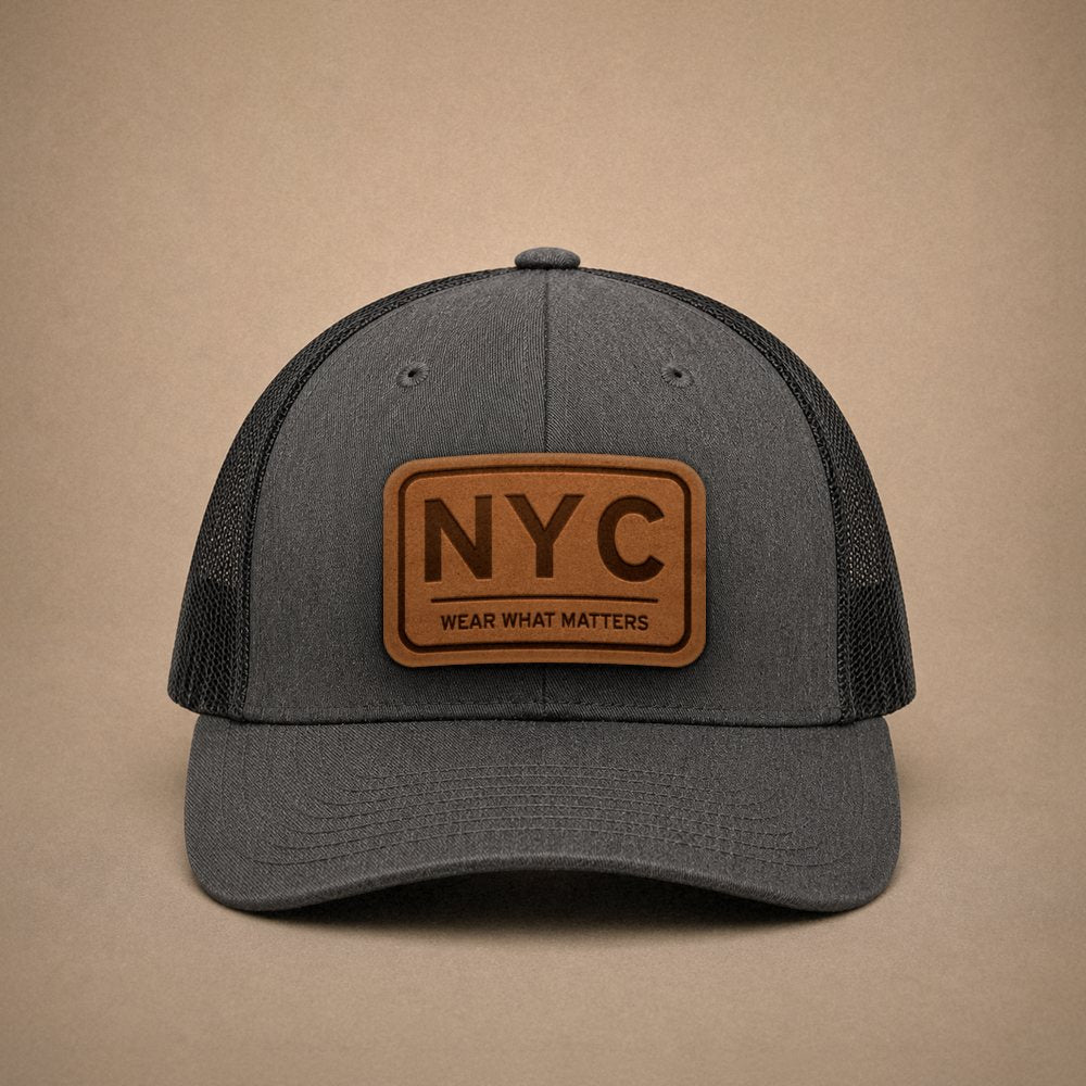Dark Heather Grey New York City hats — New York City NYC Leather Patch Trucker Hat