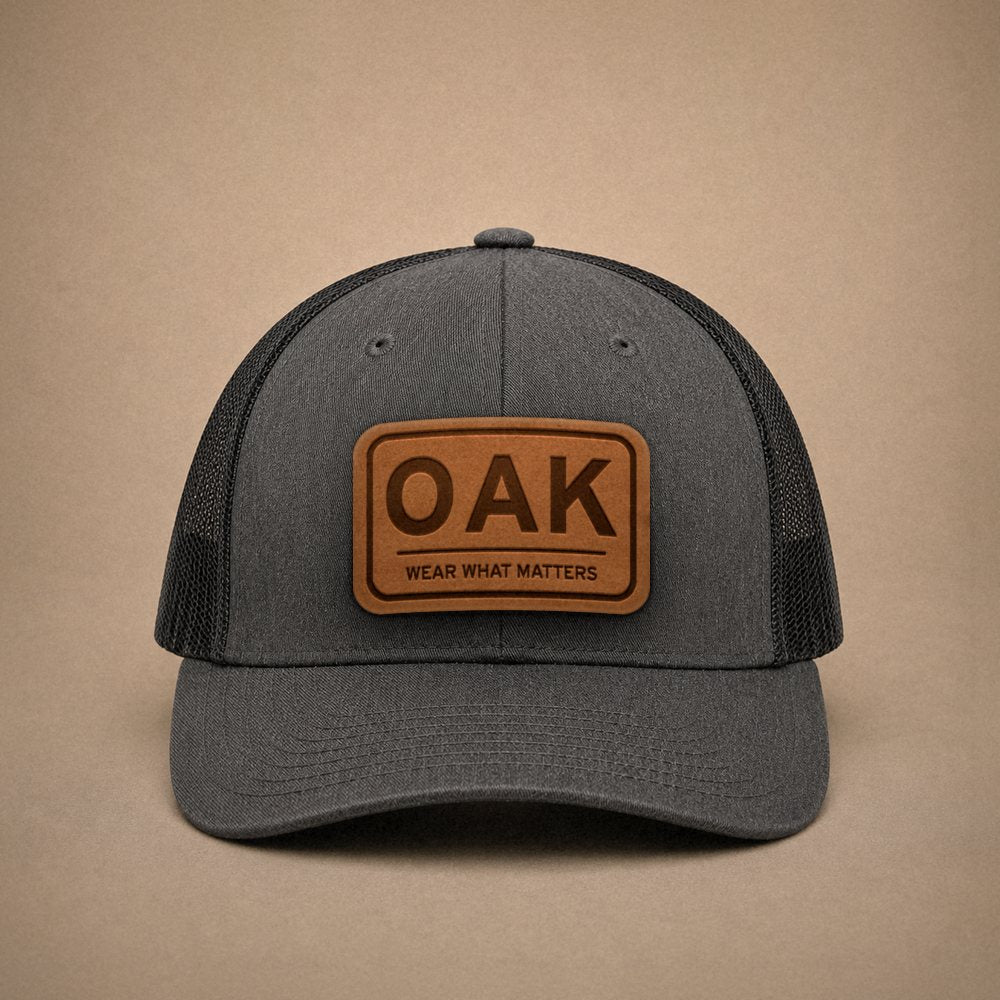 Dark Heather Grey Oakland hats — Oakland OAK Leather Patch Trucker Hat