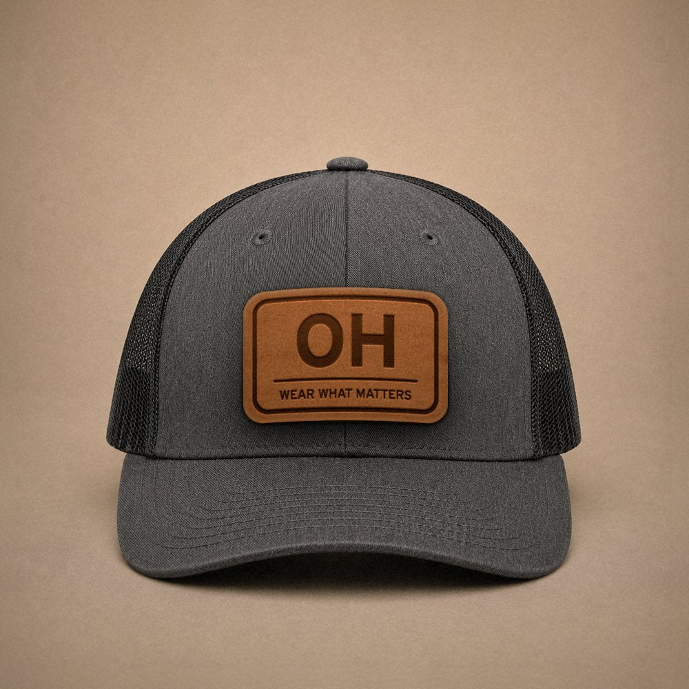 Dark Heather Grey Ohio hats — Ohio OH Leather Patch Trucker Hat