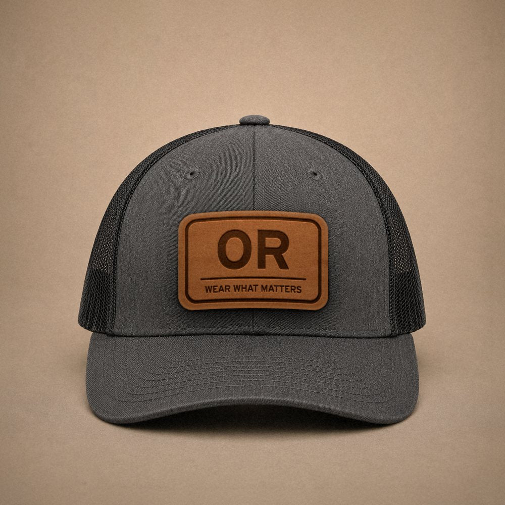 Dark Heather Grey Oregon hats — Oregon OR Leather Patch Trucker Hat