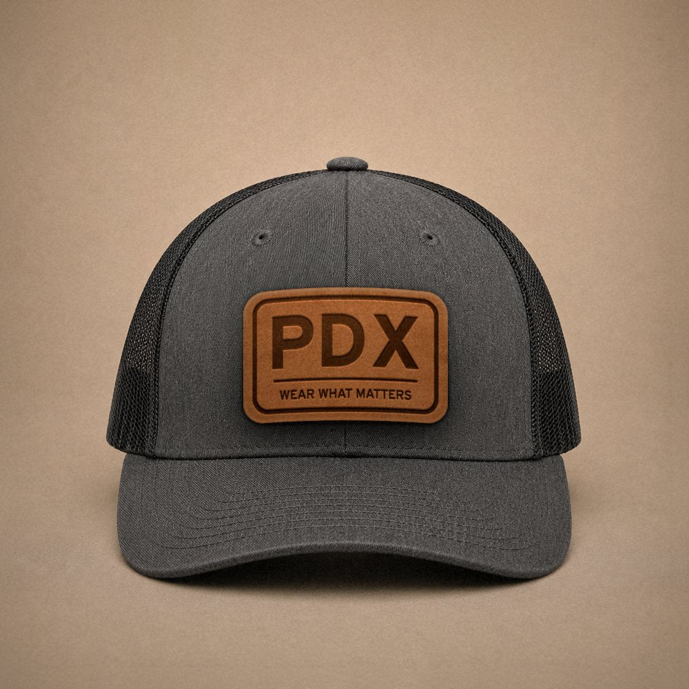 Dark Heather Grey Portland hats — Portland PDX Leather Patch Trucker Hat