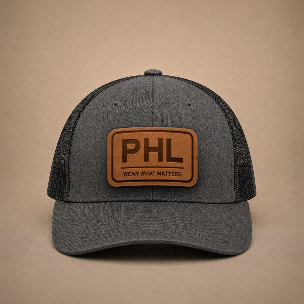 Dark Heather Grey Philadelphia hats — Philadelphia PHL Leather Patch Trucker Hat