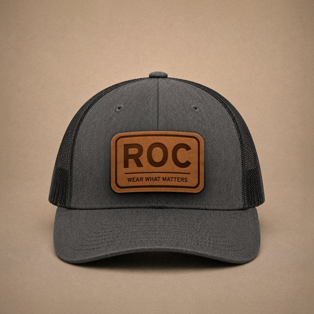 Dark Heather Grey Rochester hats — Rochester ROC Leather Patch Trucker Hat