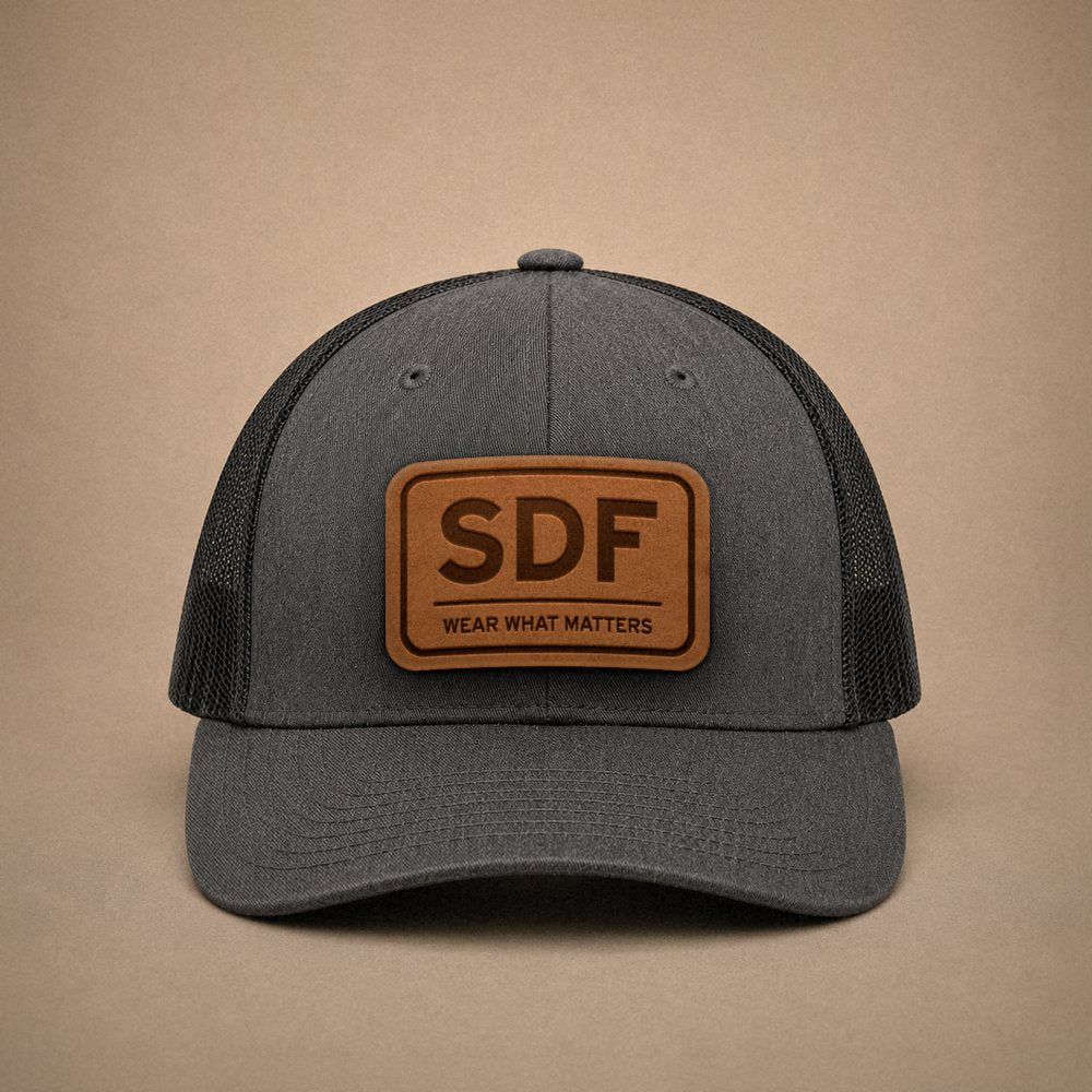 Dark Heather Grey Louisville hats — Louisville SDF Leather Patch Trucker Hat