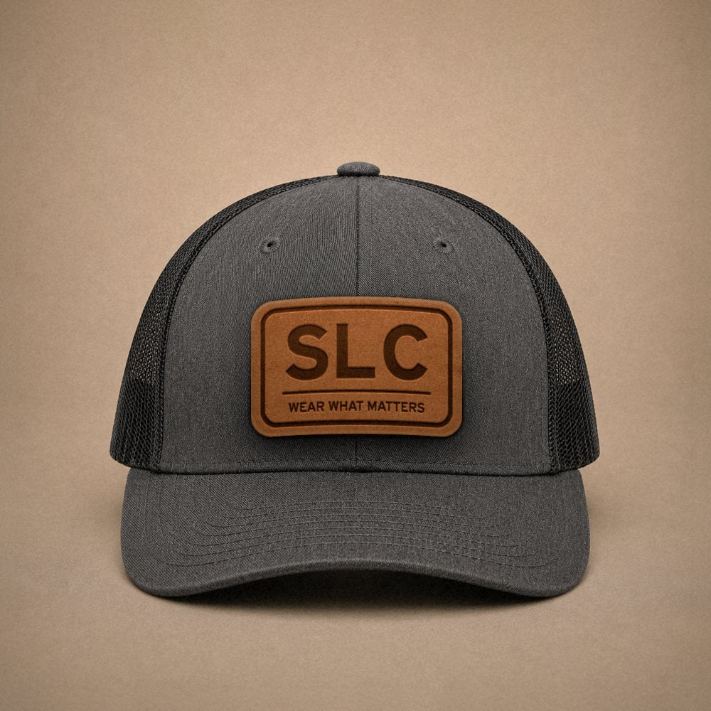 Dark Heather Grey Salt Lake City hats — Salt Lake City SLC Leather Patch Trucker Hat