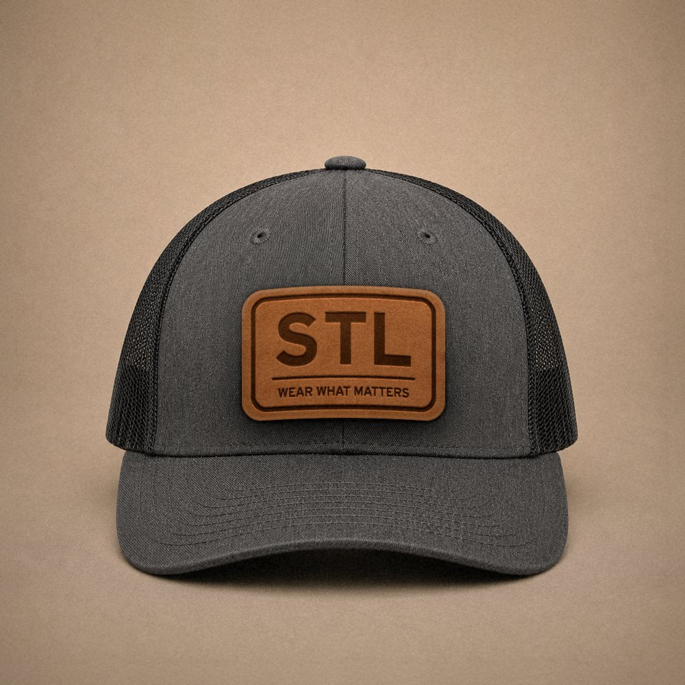Dark Heather Grey St. Louis hats — St. Louis STL Leather Patch Trucker Hat