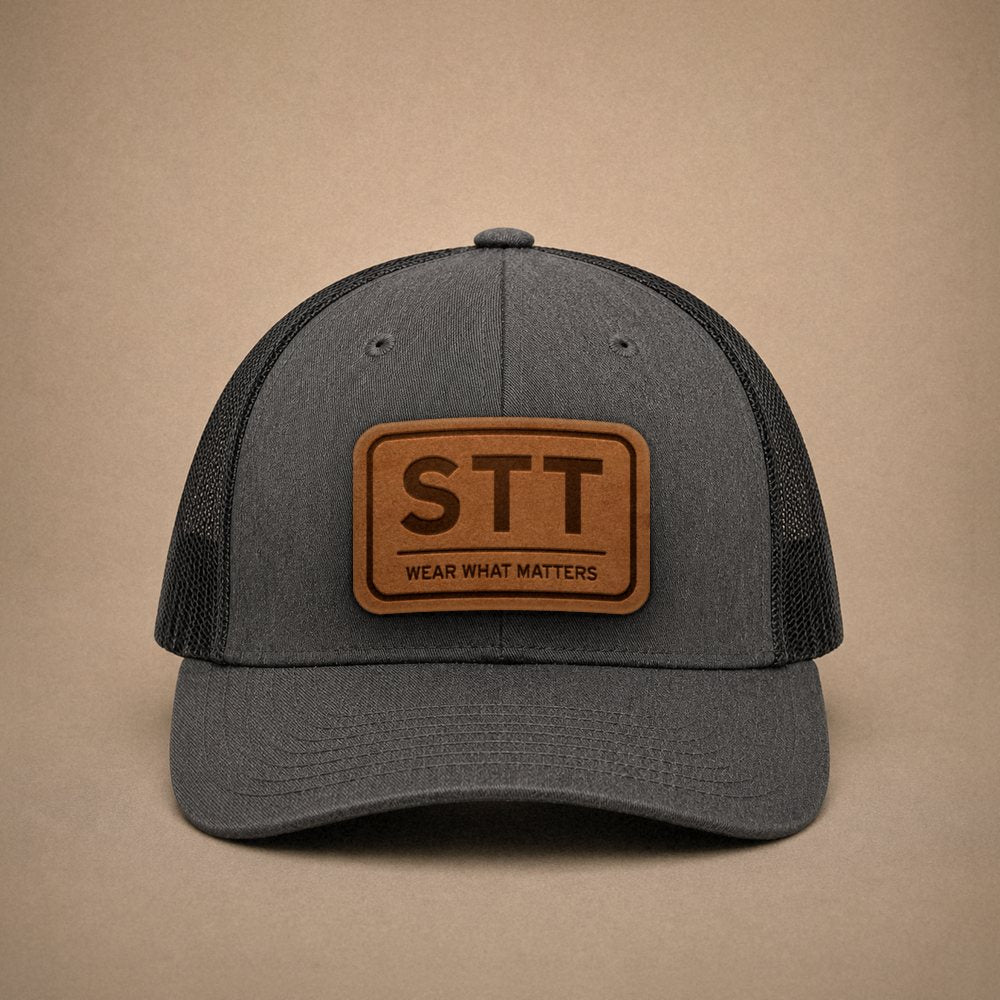 Dark Heather Grey St Thomas hats — St Thomas STT Leather Patch Trucker Hat