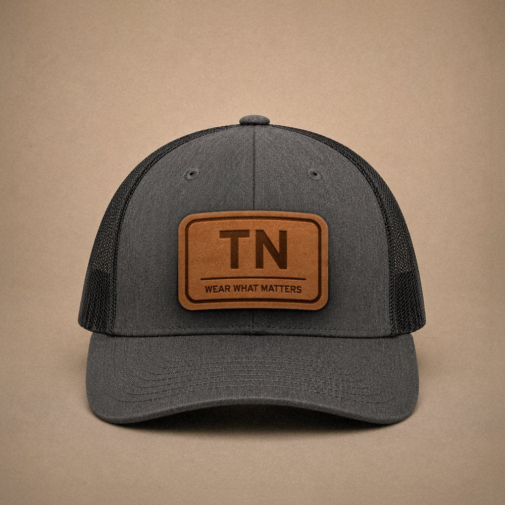 Dark Heather Grey Tennessee hats — Tennessee TN Leather Patch Trucker Hat