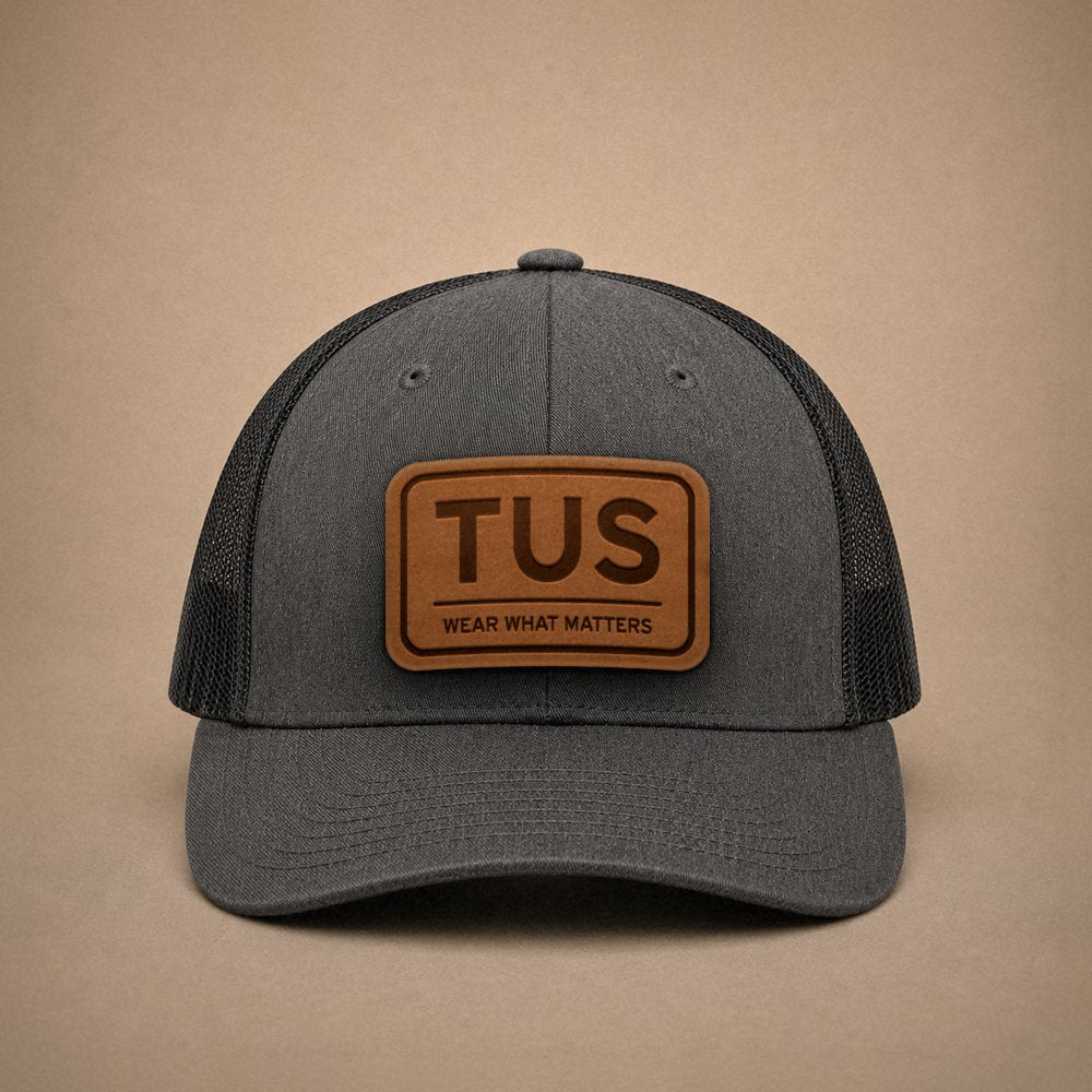 Dark Heather Grey Tucson hats — Tucson TUS Leather Patch Trucker Hat