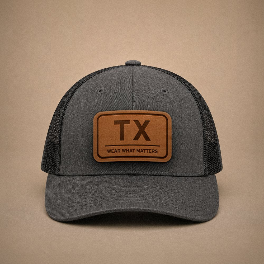 Dark Heather Grey Texas hats — Texas TX Leather Patch Trucker Hat