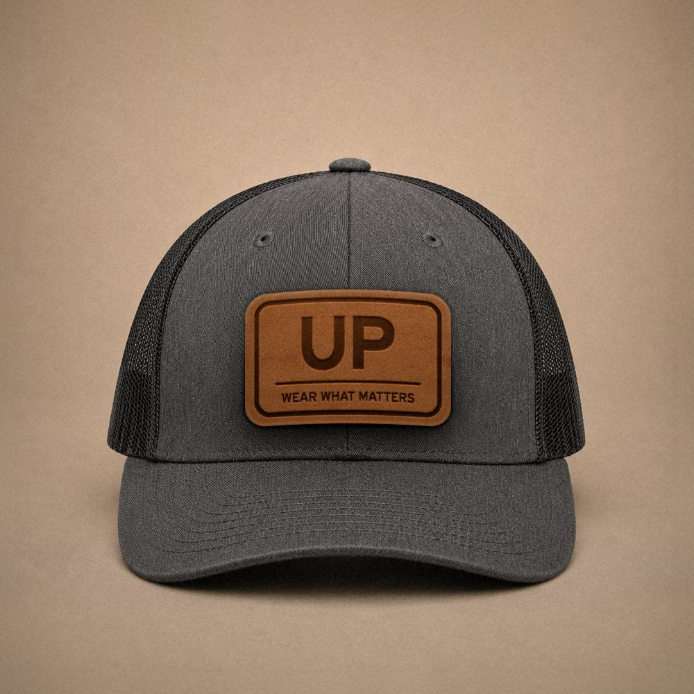 Dark Heather Grey Upper Peninsula hats — Upper Peninsula UP Leather Patch Trucker Hat