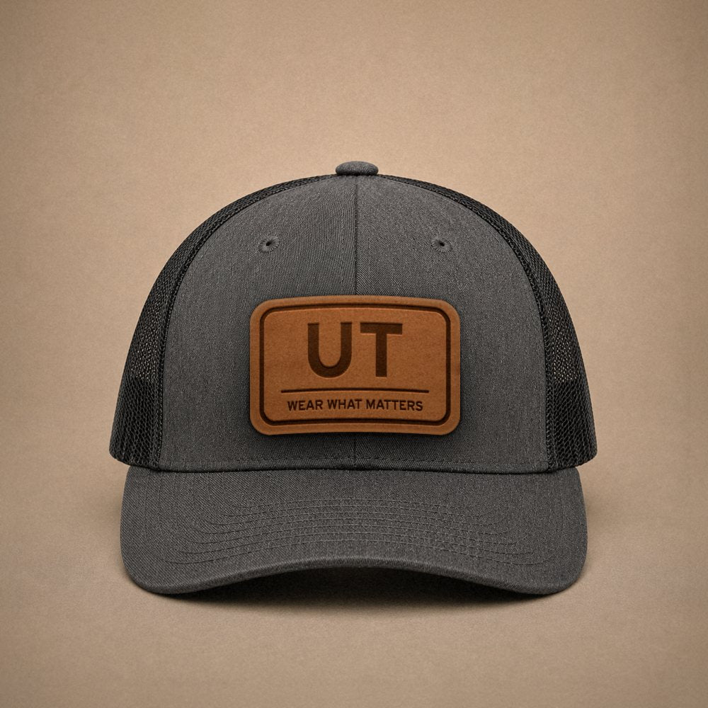 Dark Heather Grey Utah hats — Utah UT Leather Patch Trucker Hat