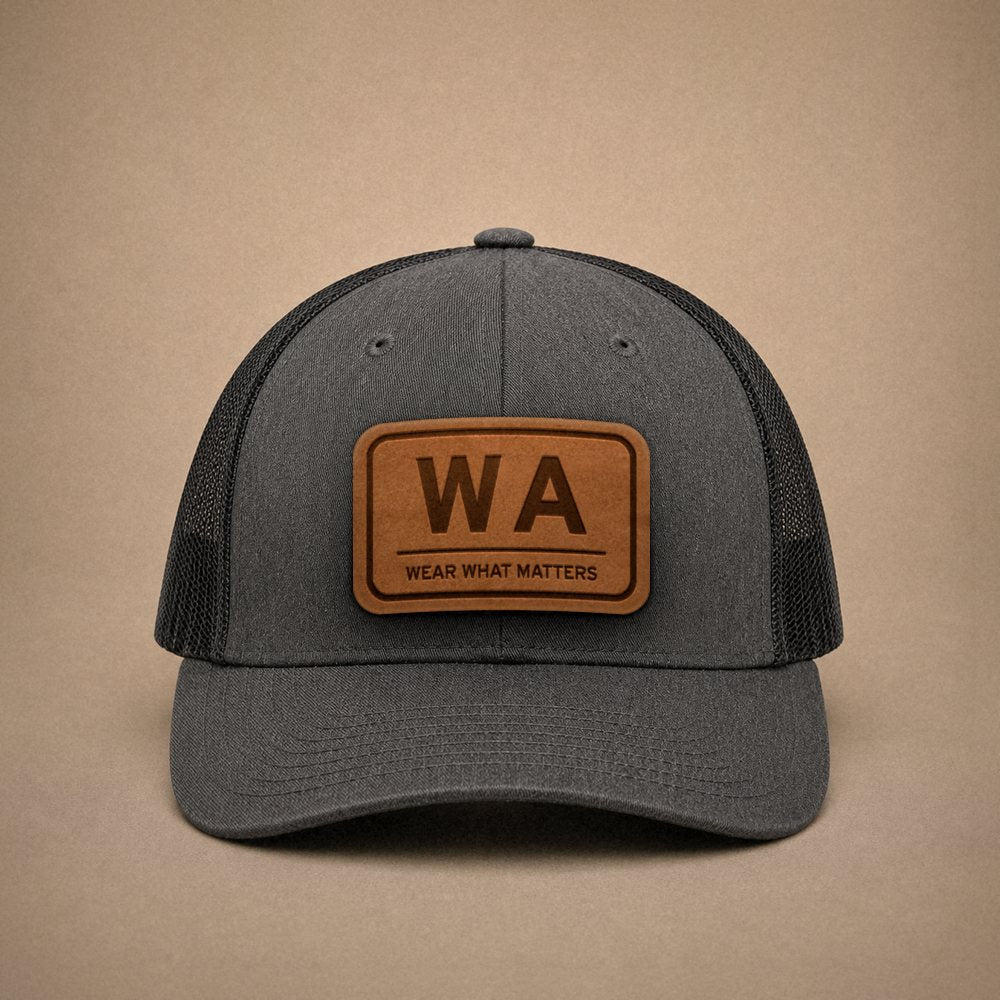 Dark Heather Grey Washington hats — Washington WA Leather Patch Trucker Hat