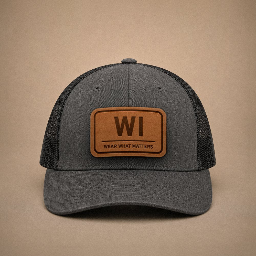 Dark Heather Grey Wisconsin hats — Wisconsin WI Leather Patch Trucker Hat