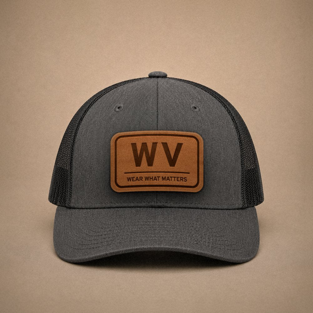 Dark Heather Grey West Virginia hats — West Virginia WV Leather Patch Trucker Hat