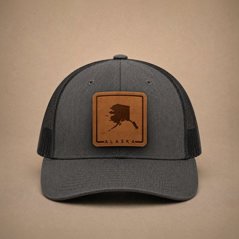 Dark Heather Grey Alaska hats — Alaska Outline Leather Patch Trucker Hat