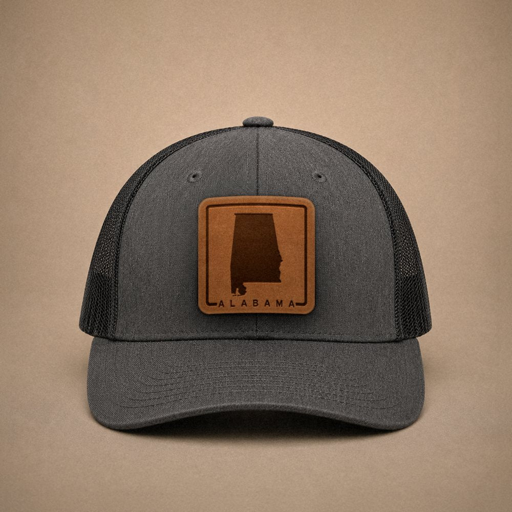 Dark Heather Grey Alabama hats — Alabama Outline Leather Patch Trucker Hat