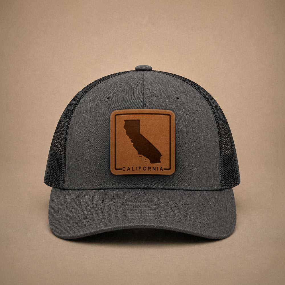 Dark Heather Grey California hats — California Outline Leather Patch Trucker Hat
