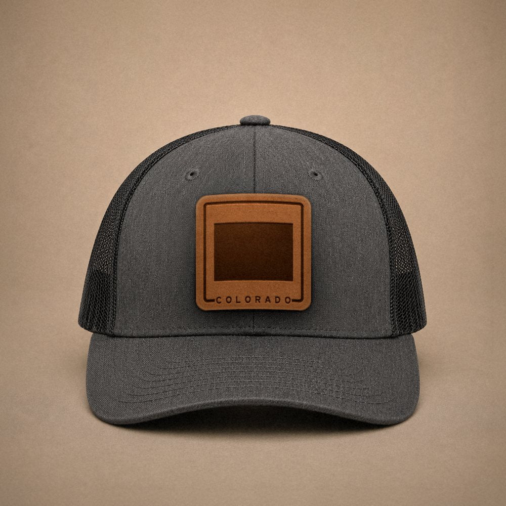 Dark Heather Grey Colorado hats — Colorado Outline Leather Patch Trucker Hat