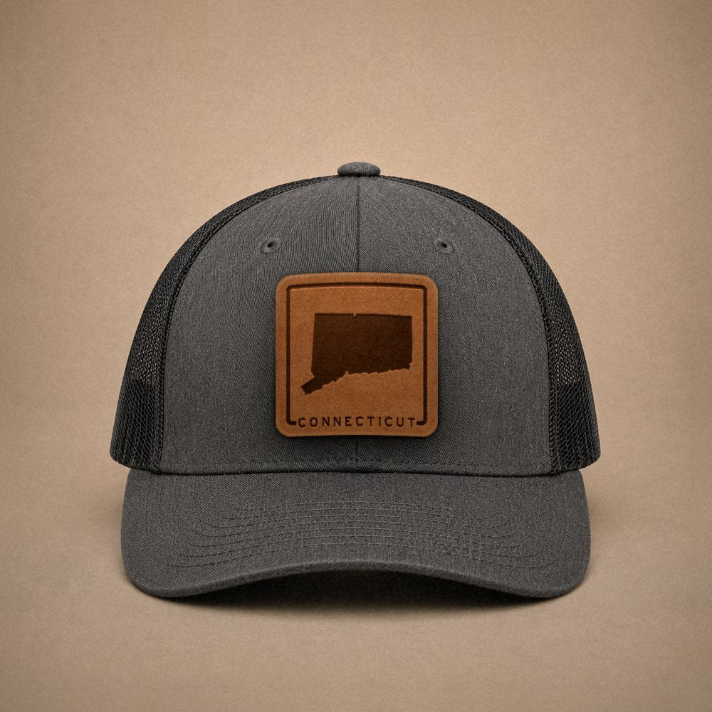 Dark Heather Grey Connecticut hats — Connecticut Outline Leather Patch Trucker Hat