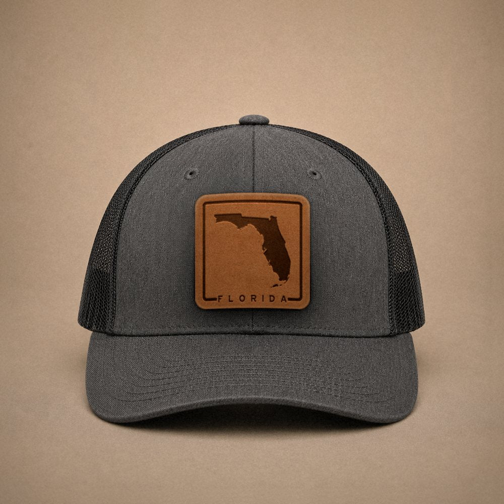 Dark Heather Grey Florida hats — Florida Outline Leather Patch Trucker Hat