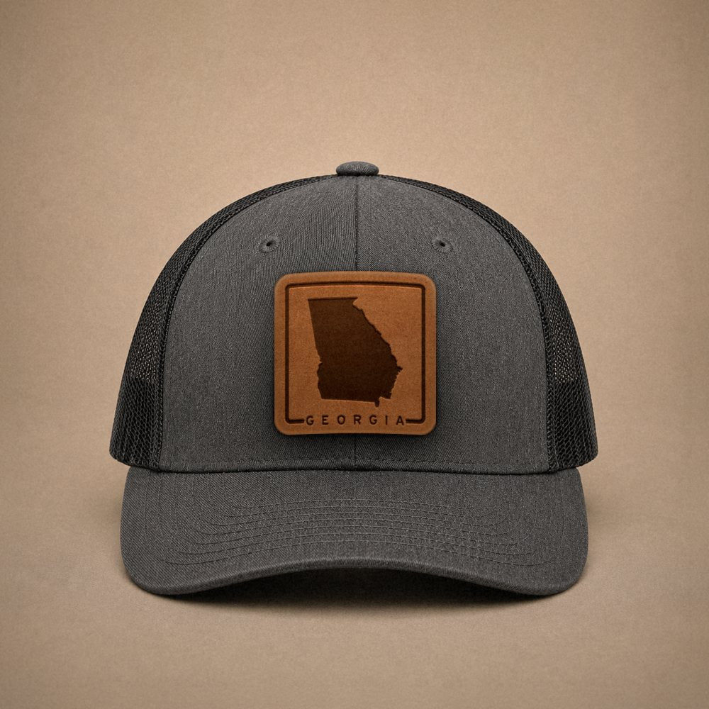 Dark Heather Grey Georgia hats — Georgia Outline Leather Patch Trucker Hat