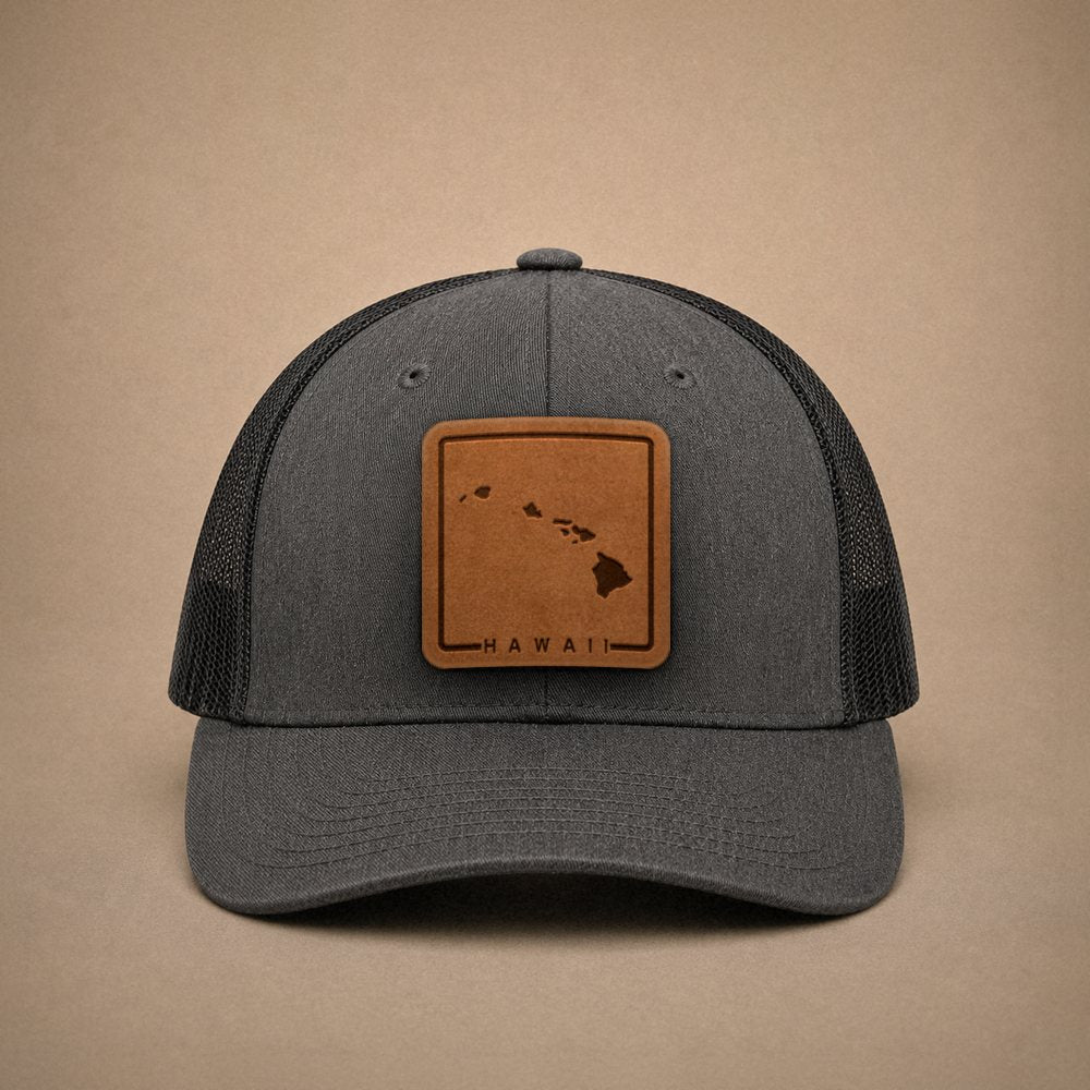 Dark Heather Grey Hawaii hats — Hawaii Outline Leather Patch Trucker Hat
