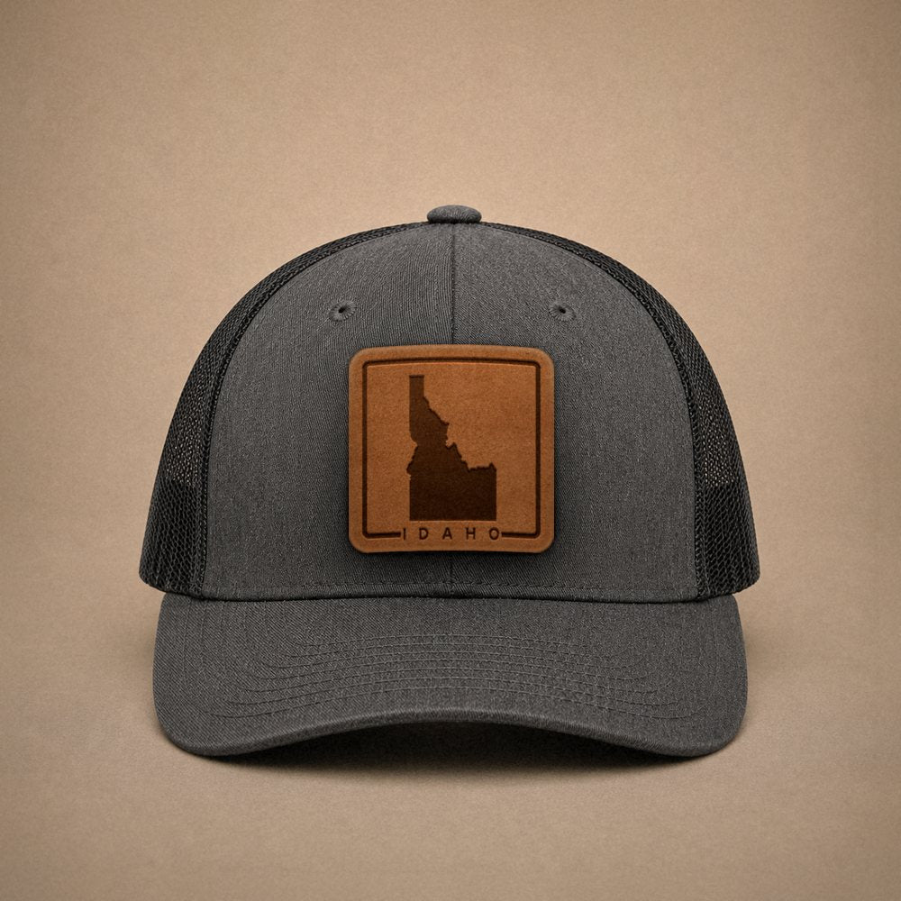 Dark Heather Grey Idaho hats — Idaho Outline Leather Patch Trucker Hat