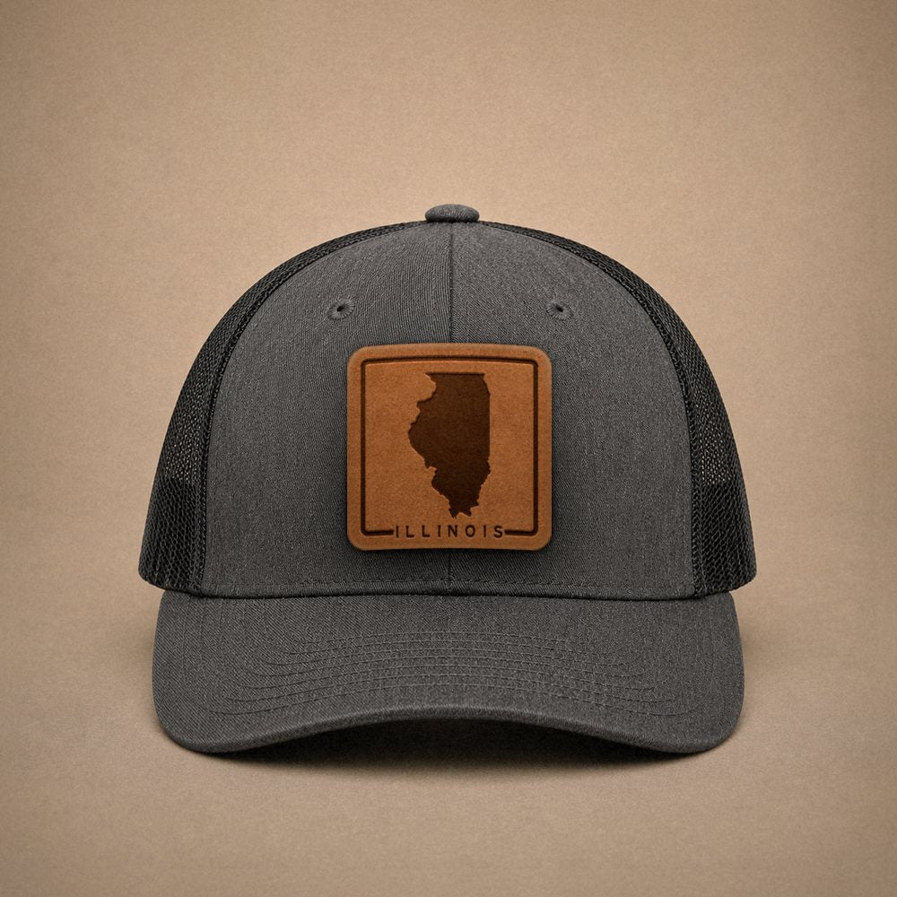 Dark Heather Grey Illinois hats — Illinois Outline Leather Patch Trucker Hat