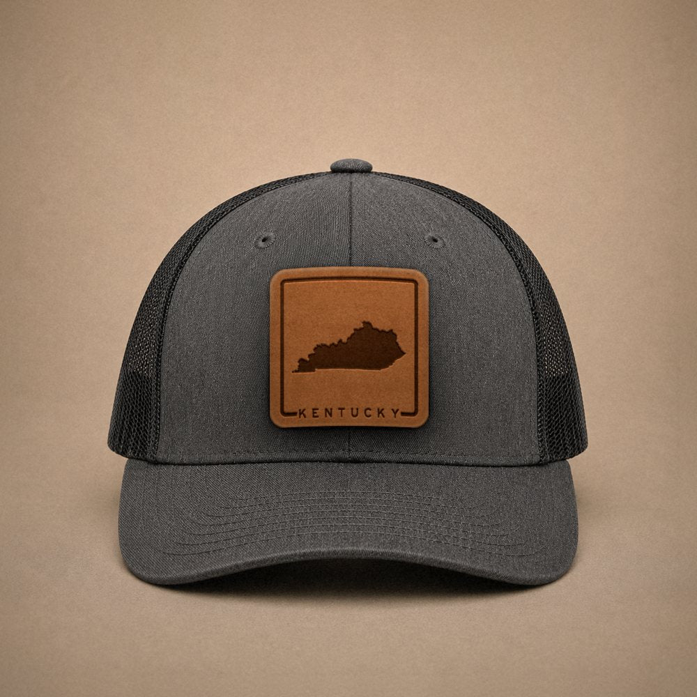 Dark Heather Grey Kentucky hats — Kentucky Outline Leather Patch Trucker Hat