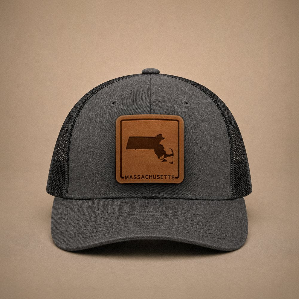 Dark Heather Grey Massachusetts hats — Massachusetts Outline Leather Patch Trucker Hat