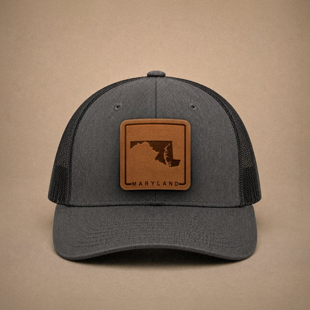 Dark Heather Grey Maryland hats — Maryland Outline Leather Patch Trucker Hat