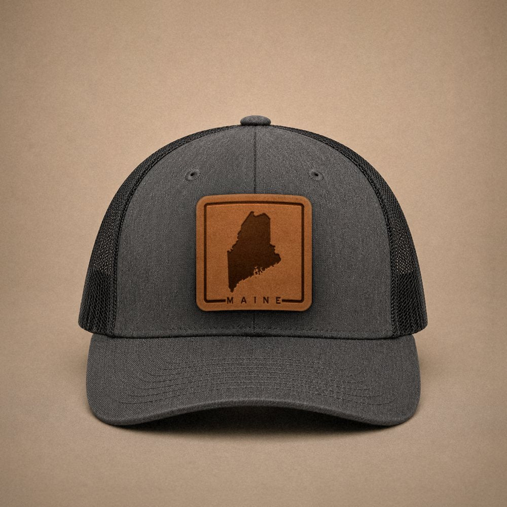 Dark Heather Grey Maine hats — Maine Outline Leather Patch Trucker Hat