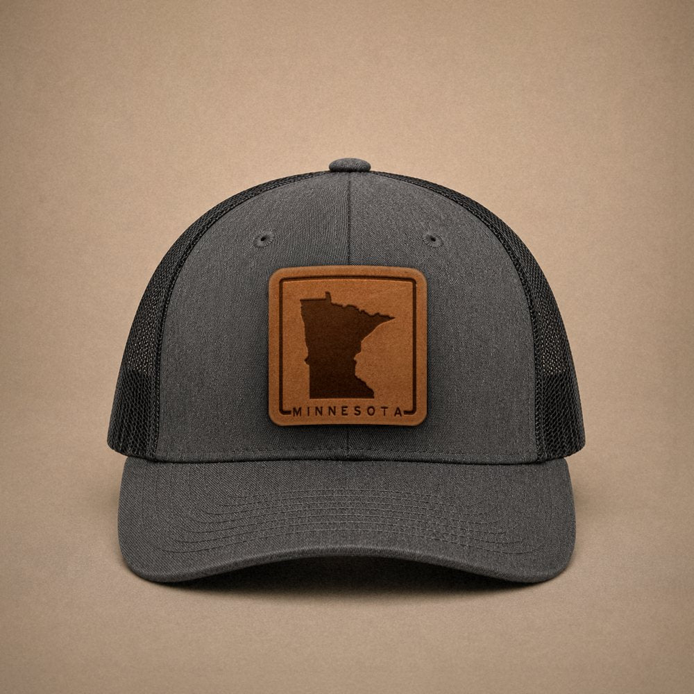 Dark Heather Grey Minnesota hats — Minnesota Outline Leather Patch Trucker Hat
