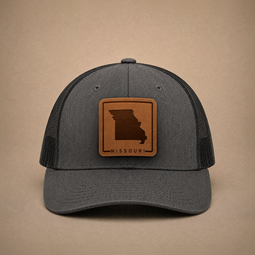 Dark Heather Grey Missouri hats — Missouri Outline Leather Patch Trucker Hat